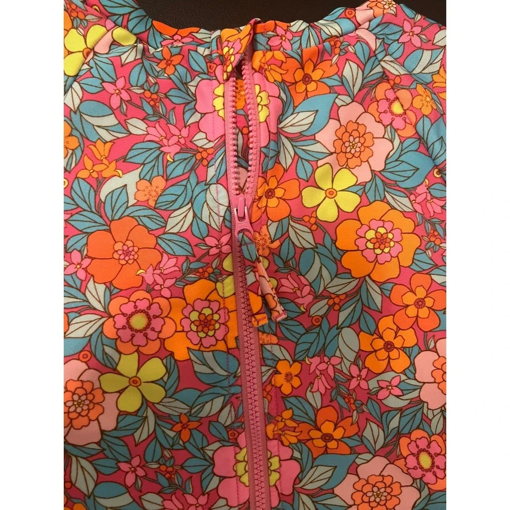 Cat & Jack Swimsuit Girls L 10/12 Pink Orange Floral Long Sleeve One Piece 1630